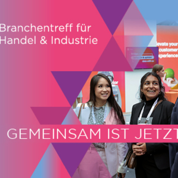 Ein in Lila- und Rottönen gestaltetes Banner mit einer Gesprächssituation auf dem Event